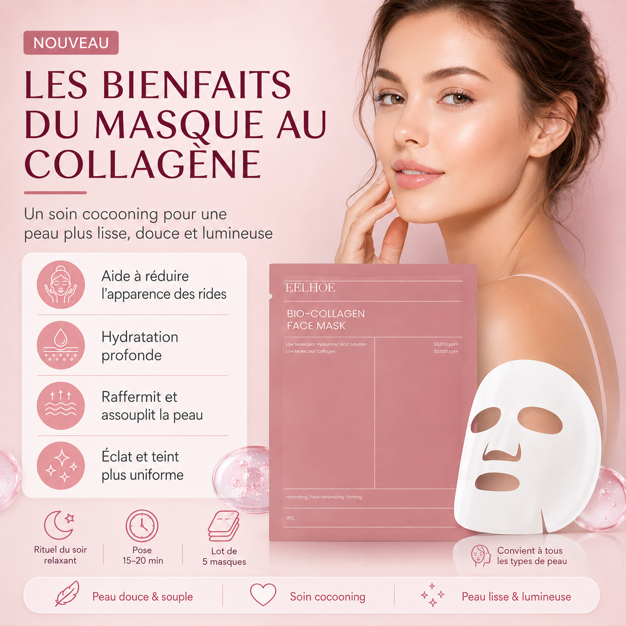 Masque facial hydratant au Collagène