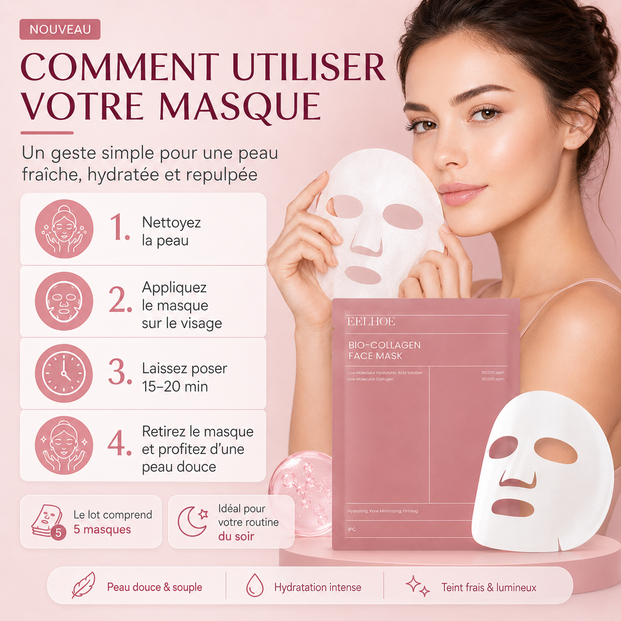 Masque facial hydratant au Collagène